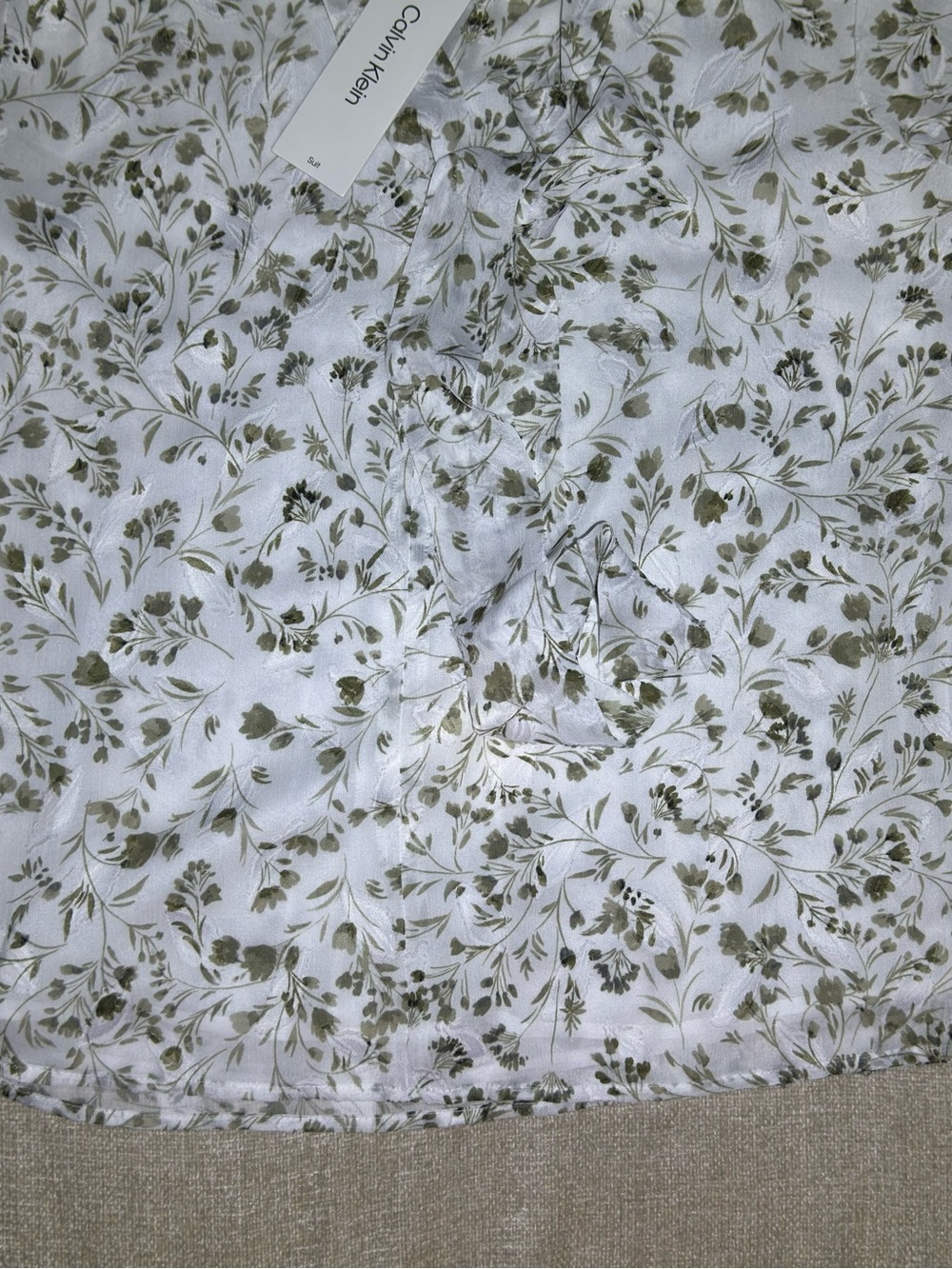Calvin Klein White Blouse with Olive Floral Print Cottagecore - Picture 6 of 14